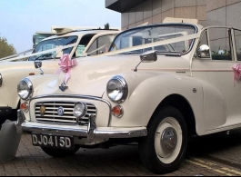 Convertible White Morris Minor for wedding hire in Southsea